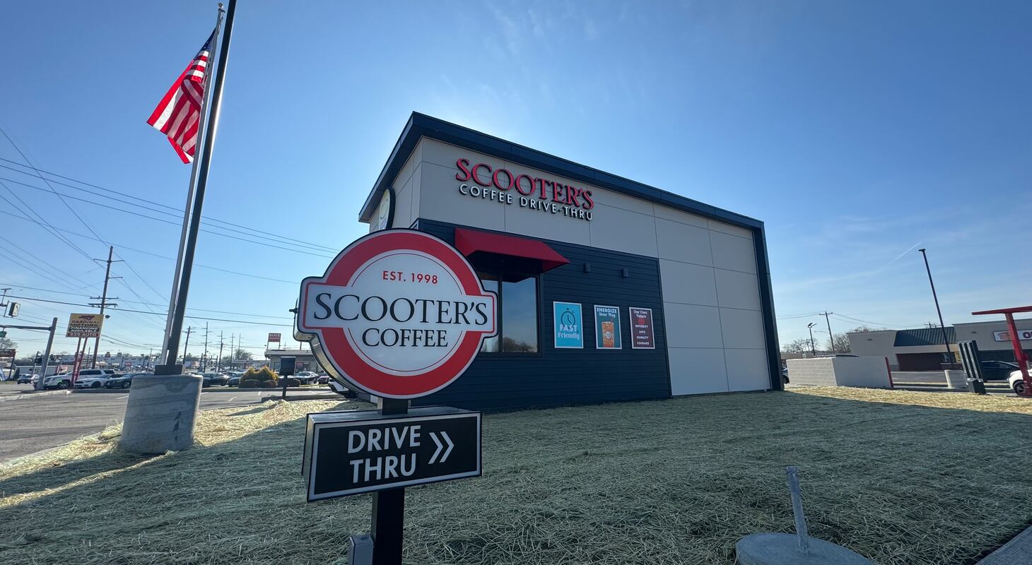 Completed Scooter's Coffee drive-thru on shopping center outlot
